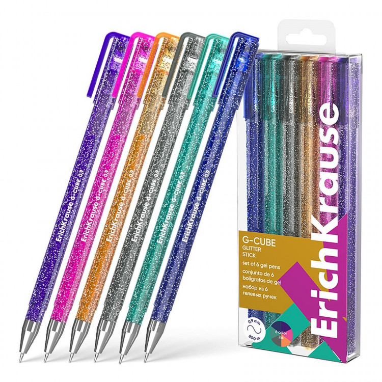 Набор ручек гелевых 6 цветов ErichKrause  G-Cube Stick Glitter  игольчатый узел 1.0 мм, с блестками, микс 