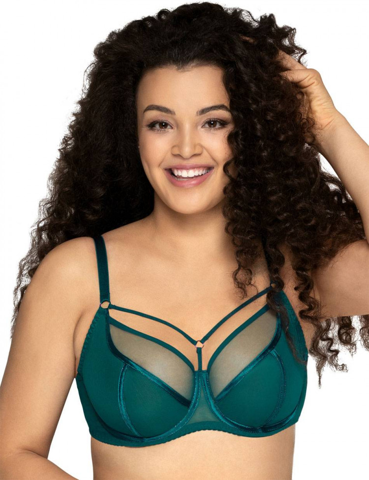 Изумрудный бюстгальтер на косточках plus size с декоративными бретелями 