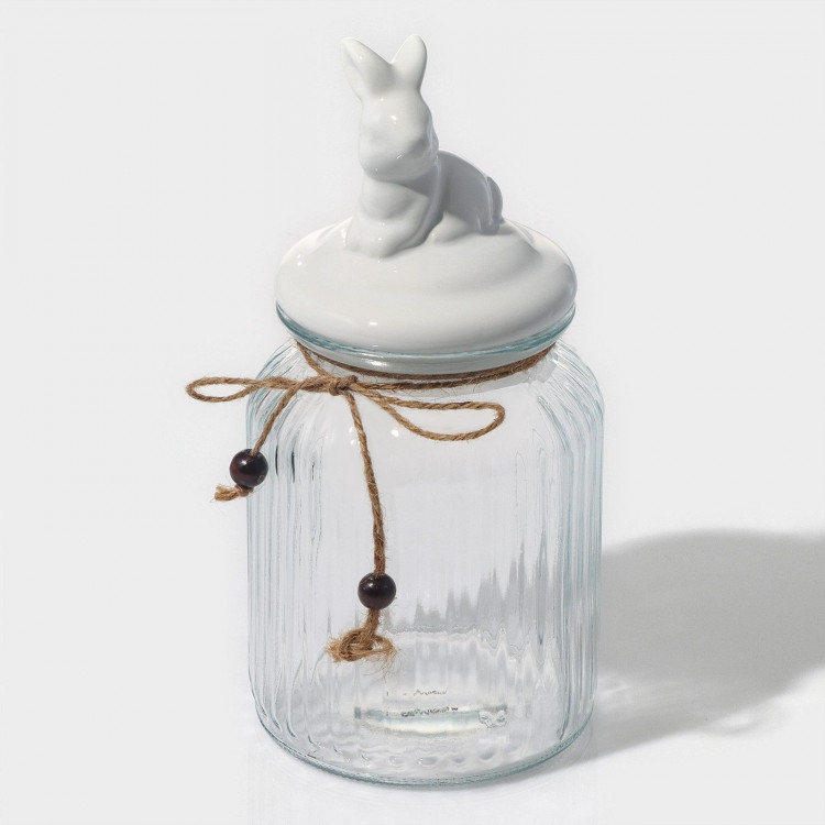 Стеклянная банка для сыпучих продуктов с керамической крышкой «Зайка» (950 мл.) 