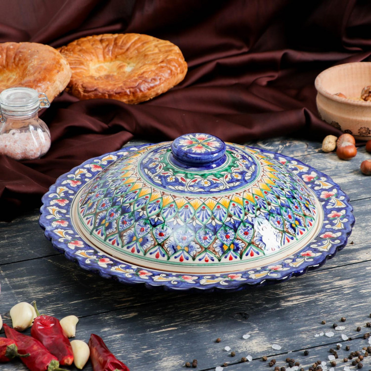 Блинница Риштанская Керамика  Цветы , 32 см, синий 