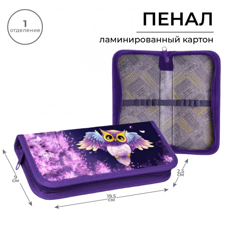 Пенал 1 секция, 90 х 195 х 25 мм, Calligrata  Совушка , ламинированный картон 