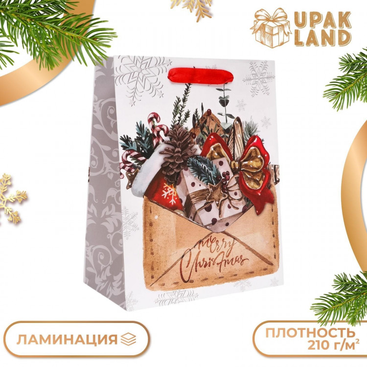 Новый год. Пакет подарочный, ламинированный,  Письмо с подарками ,18 х 23 х 10 см. 