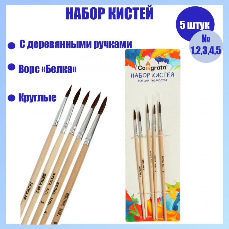 Набор кистей белка круглые 5 штук (№1,2,3,4,5) с деревянными ручками на блистере 