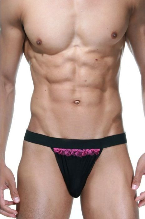 Черные трусы-танга с розовой рюшей 