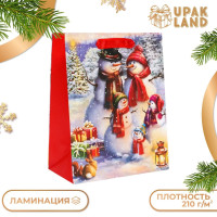 Новый год. Пакет подарочный, ламинированный,  Снеговики ,18 х 23 х 10 см.