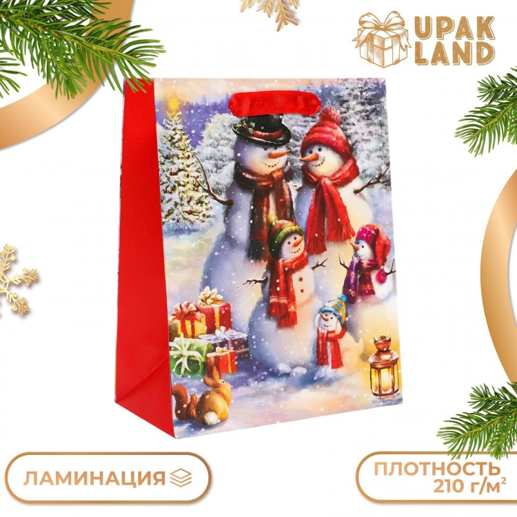 Новый год. Пакет подарочный, ламинированный,  Снеговики ,18 х 23 х 10 см. 