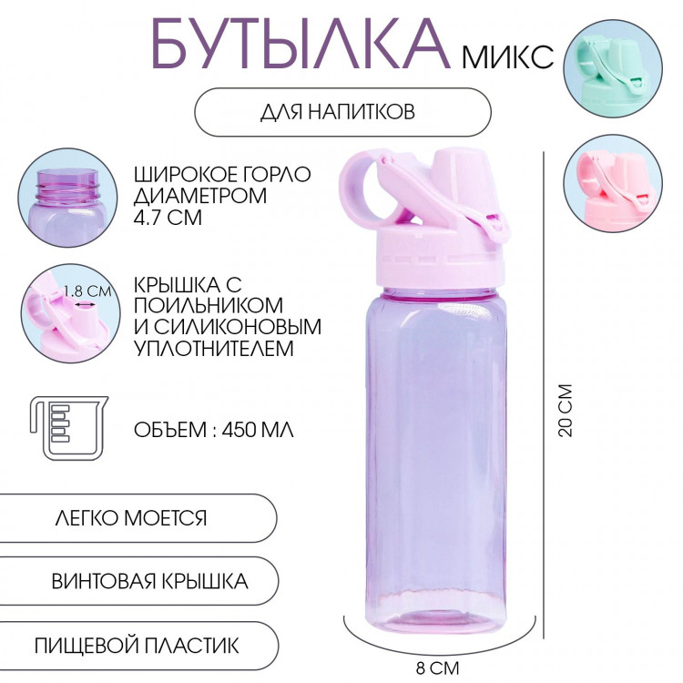 Бутылка для воды спортивная прозрачная, 450 мл, 20 х 8 см, микс 