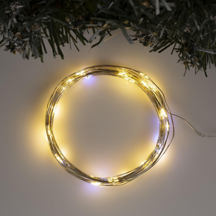 Гирлянда «Нить» 5 м роса, IP20, серебристая нить, 50 LED, мерцание белым, батарейки AAх3 (нет в комплекте), свечение тёплое белое 