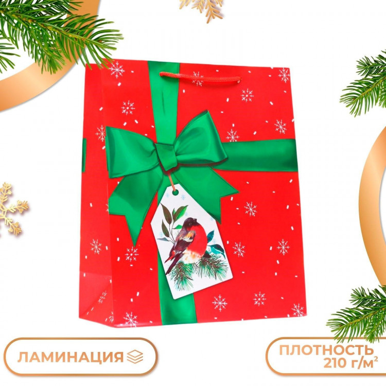 Новый год. Пакет подарочный  Зеленый бант , 26 х 32 х 12 см. 