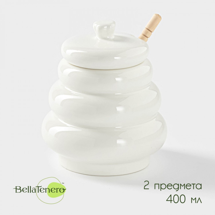 Белая фарфоровая емкость с ложкой «Бочонок» (400 мл.) 