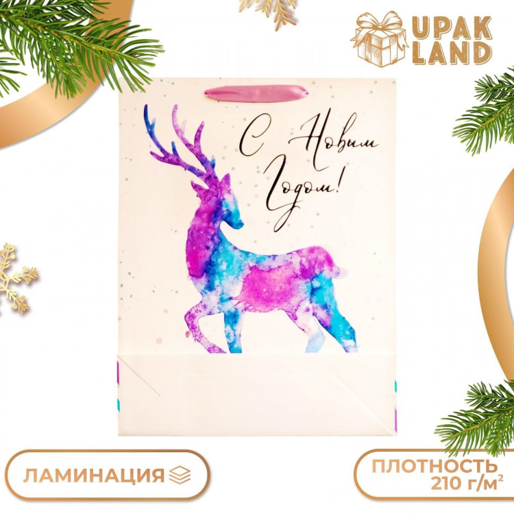 Новый год. Пакет ламинированный вертикальный  Акварельный Олень ,33 х 42 х 10 см. 
