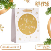 Новый год. Пакет подарочный, ламинированный,  Золотые снежинки ,18 х 23 х 10 см.