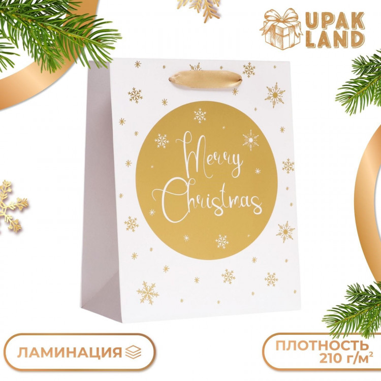Новый год. Пакет подарочный, ламинированный,  Золотые снежинки ,18 х 23 х 10 см. 