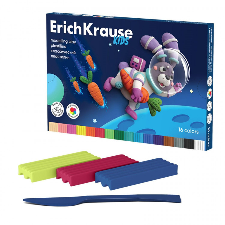 Пластилин 16 цветов, 216 г, ErichKrause  Kids Space Animals , со стеком, в картонной упаковке 