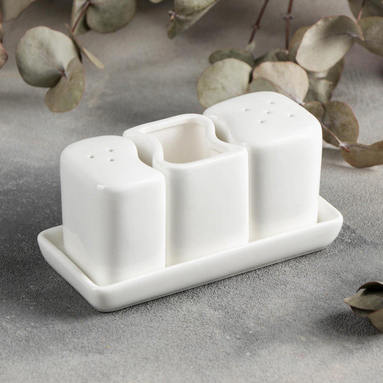 Набор для специй фарфоровый Magistro «Бланш», 3 предмета: солонка 65 мл, перечница 60 мл, ёмкость для зубочисток, цвет белый Набор для специй фарфоровый Magistro «Бланш», 3 предмета: солонка 65 мл, перечница 60 мл, ёмкость для зубочисток, цвет белый