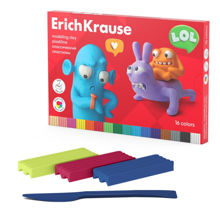 Пластилин 16 цветов, 288 г, ErichKrause  Jolly Friends , со стеком, в картонной упаковке 