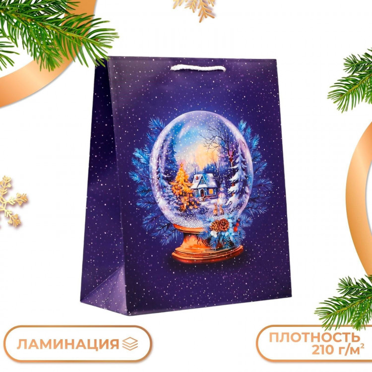 Новый год. Пакет подарочный  Стеклянный шар , на синем, 26 х 32 х 12 см. 