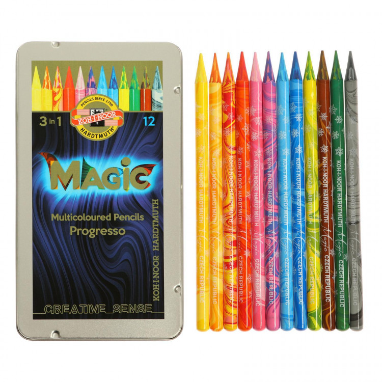 Карандаши цветные цельнографит 12 цветов Koh-I-Noor PROGRESSO MAGIC 8772, металлический пенал 