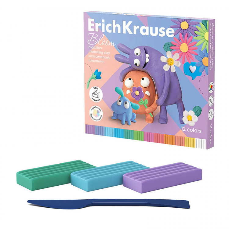 Пластилин 12 цветов, 216 г, ErichKrause  Jolly Friends Pastel Bloom , со стеком, в картонной упаковке 