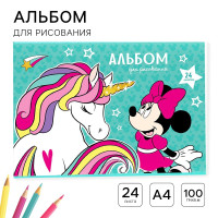 Альбом для рисования А4, 24 листа 100 г/м², на скрепке, Минни Маус и единорог.