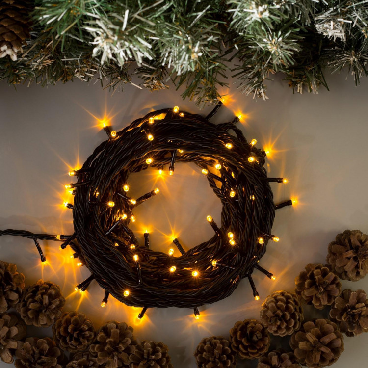 Гирлянда «Нить» 10 м, IP44, УМС, тёмная нить, 100 LED, свечение жёлтое, 220 В 