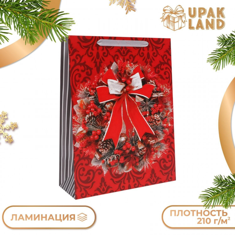 Новый год. Пакет подарочный, ламинированный,  Венок ,31 х 40 х 11,5 см. 