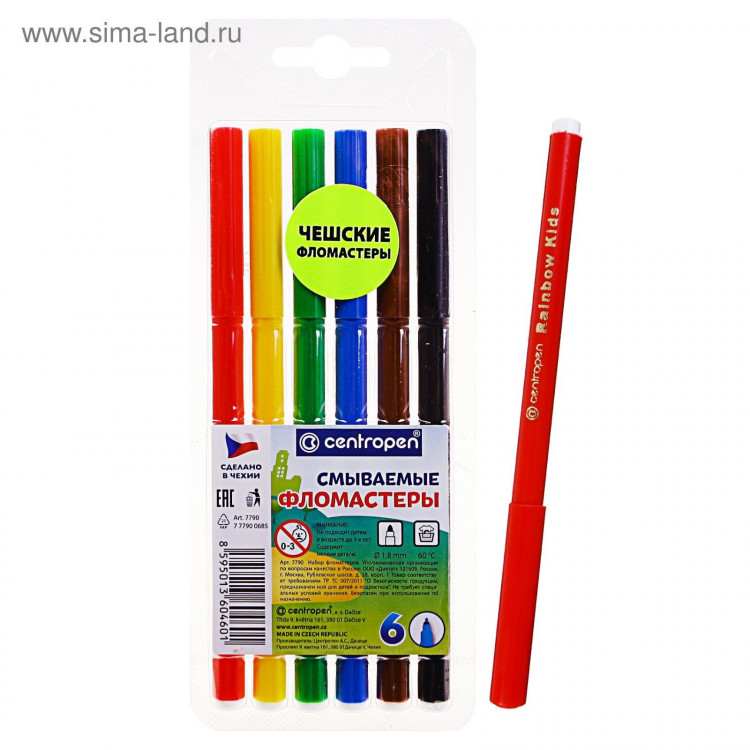Фломастеры 6 цветов Centropen 7790 Washable, блистер, европодвес, линия 1.0 мм 
