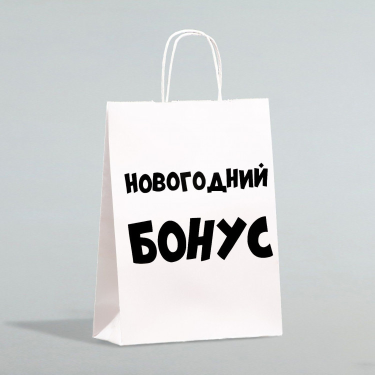 Пакет бумажный подарочный новогодний крафт «Новогодний бонус», белый, 28 х 24 х 14 см. 