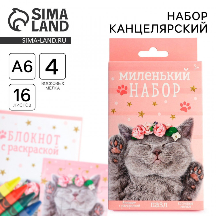 Подарочный набор блокнот - раскраска, мелки 4 шт. «Кошка» 