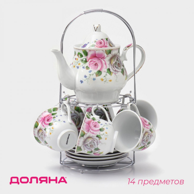Сервиз керамический чайный на металлической подставке Доляна «Томная роза», 13 предметов: 6 чашек 230 мл, 6 блюдец d=14,2 см, чайник 1 л, цвет белый 