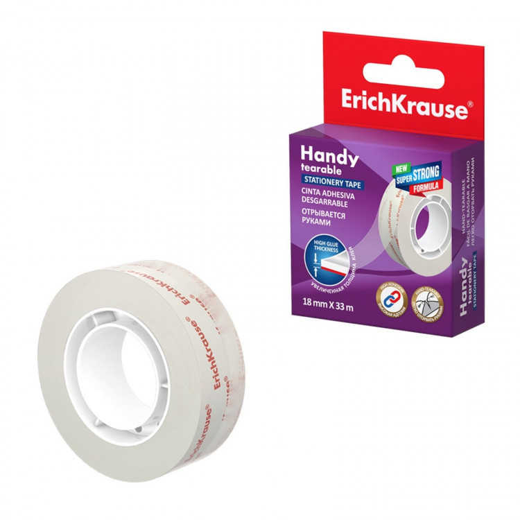 Клейкая лента канцелярская, 18 мм х 33 м, ErichKrause  Handy tearable , усиленная, отрывается руками, в коробке, с европодвесом 