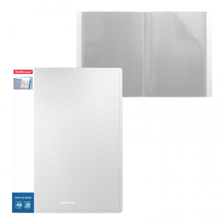 Папка с 40 вкладышами А4, 550 мкм, ErichKrause Diamond Total White, с карманом на корешке, с тиснением, термосварка, вмещает до 200 листов, белая 