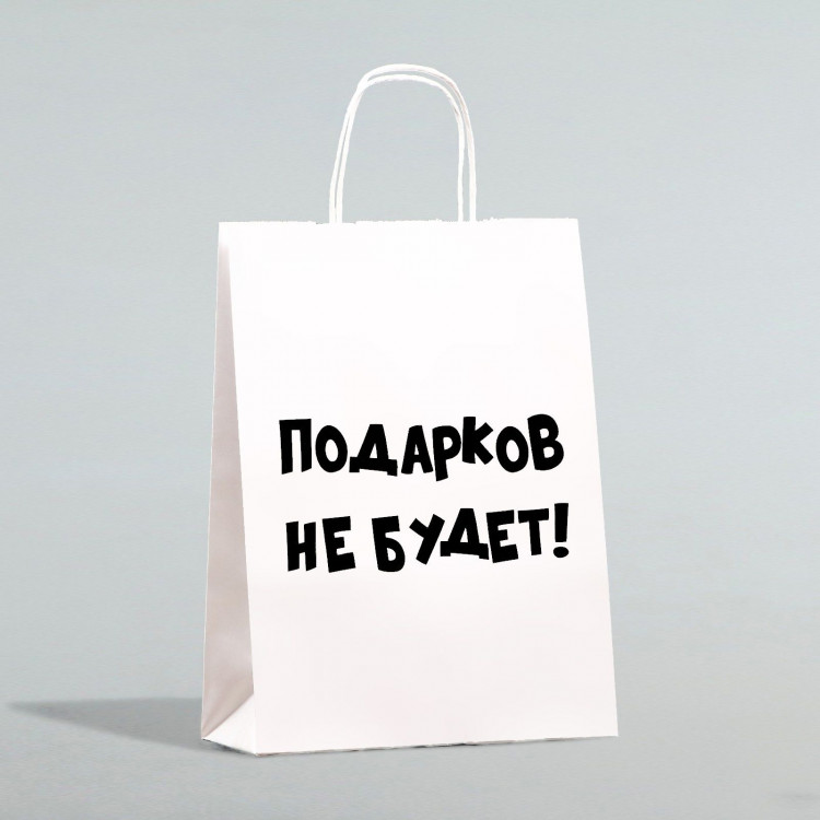 Пакет бумажный подарочный новогодний крафт с приколами, «Подарков не будет!», белый, 28 х 24 х 14 см. 