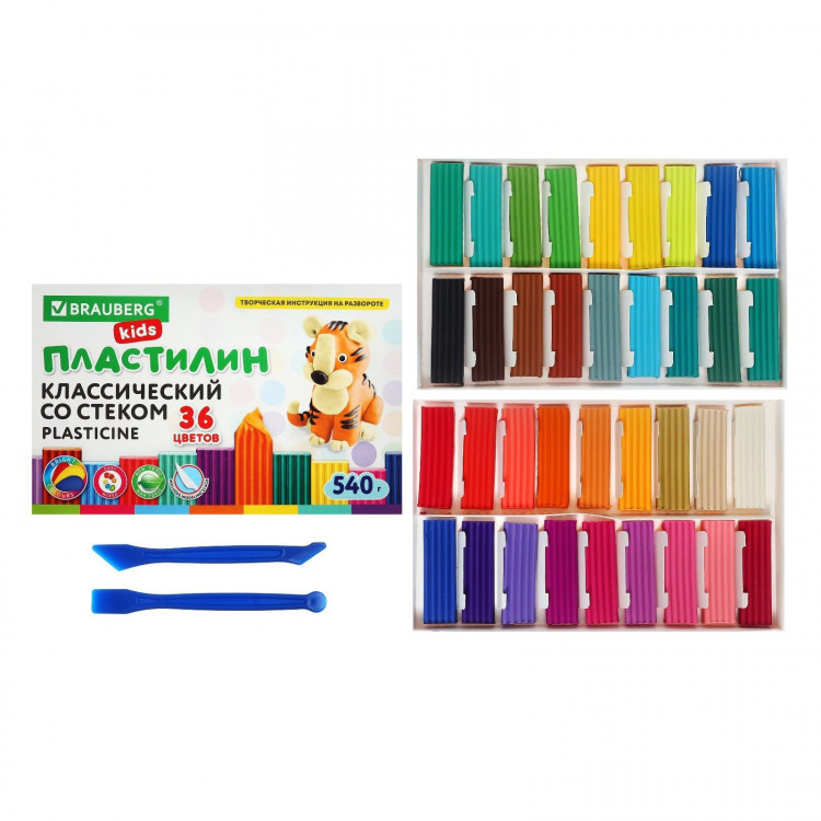 Пластилин 36цв 540г BRAUBERG KIDS, со стеком.ВЫСШЕЕ КАЧЕСТВО 