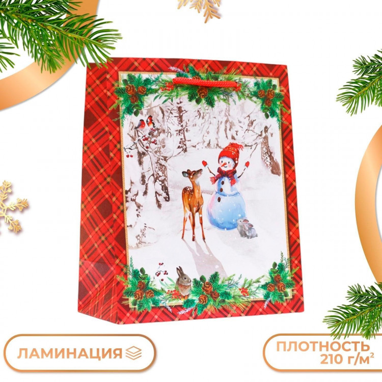 Новый год. Пакет подарочный  Снеговик и олень , 18 х 22,3 х 10 см. 
