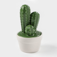 Белая керамическая банка для специй с зеленой крышкой «Кактус» (170 мл.)