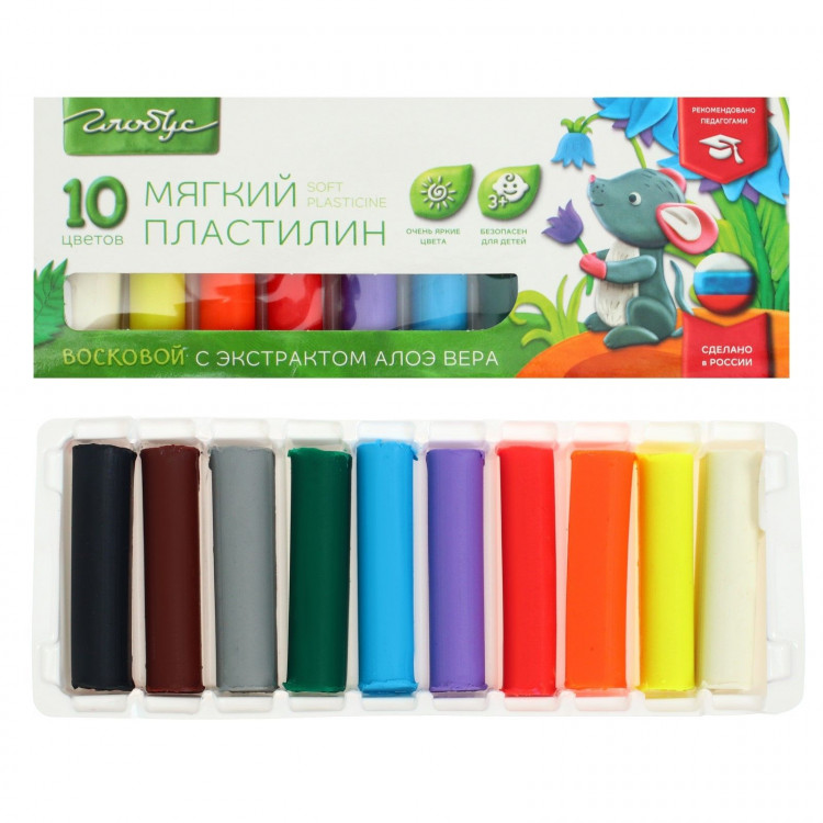 Пластилин мягкий (восковой), 10 цветов, 150 г, GLOBUS, с Алоэ Вера, со стеком 