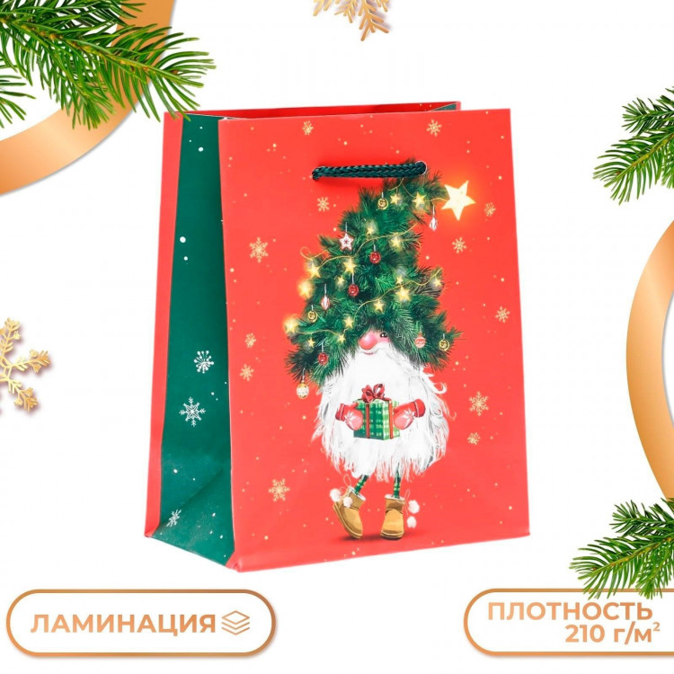 Новый год. Пакет подарочный  Новогодний домовёнок , 11,5 х 14,5 х 6,5 см. 
