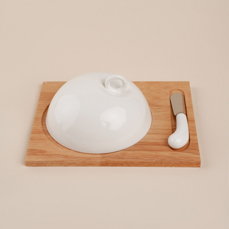 Маслёнка на деревянной подставке фарфоровая с ножом SL Home «Тренто»,22×17,5 см, цвет белый 