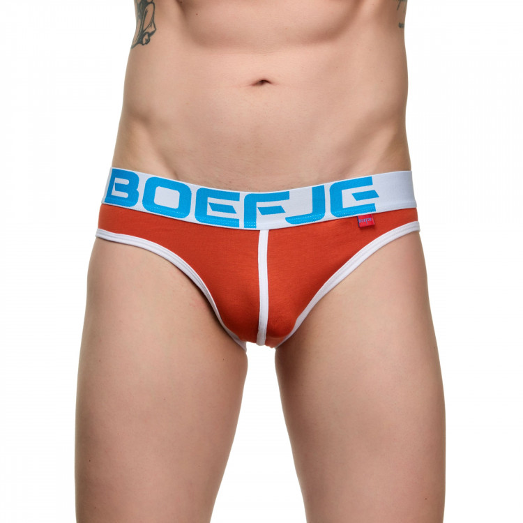 Оранжевые мужские трусы-слипы с провокационной надписью на задней части 