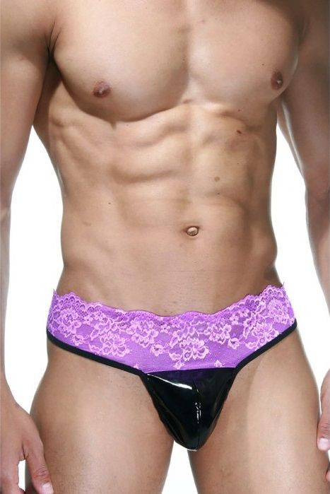 Черно-фиолетовые трусы-танга на кружевном поясе 