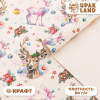 Новый год. Бумага упаковочная крафт белый  Олени , 70 х 100 см,1 лист,