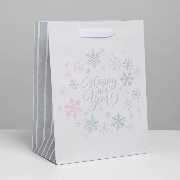 Пакет подарочный новогодний крафтовый вертикальный Happy new year!, MS 18 х 23 х 10 см, Новый год 