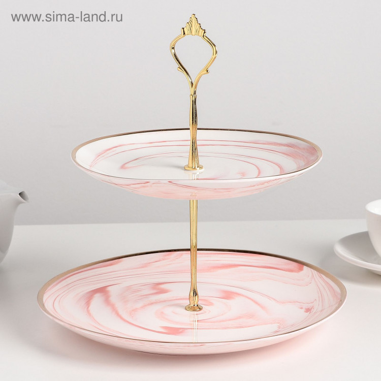 Этажерка - фруктовница круглая «Мрамор», 2 яруса, d=20,5/25 см, керамика, цвет розовый 