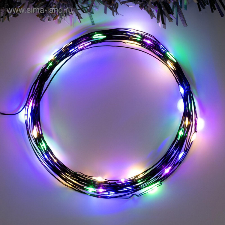 Гирлянда «Нить» 5 м роса, IP20, чёрная нить, 50 LED, 2 режима, батарейки AAх3 (не в комплекте), свечение мульти 
