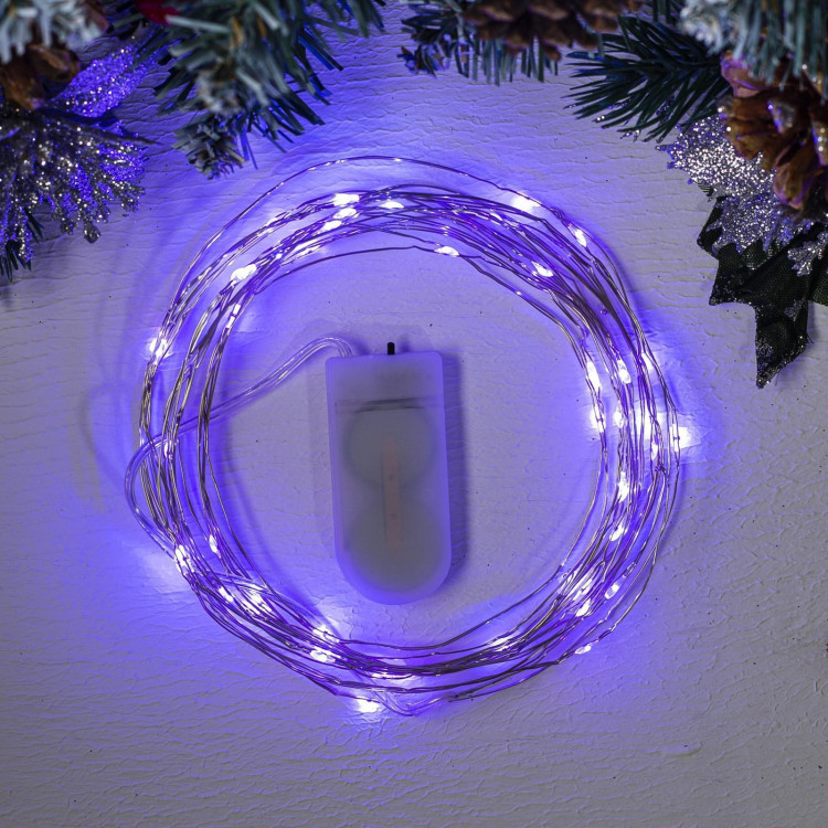 Гирлянда «Нить» 5 м роса, IP20, серебристая нить, 50 LED, батарейки CR2032х2 (в комплекте), свечение фиолетовое 