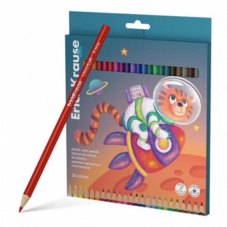 Карандаши 24 цвета ErichKrause  Kids Space Animals , пластик, трехгранные, европодвес 