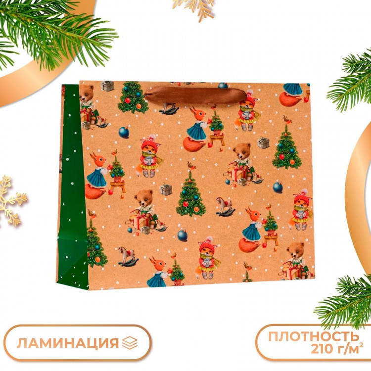 Новый год. Пакет подарочный  Зверята , 32 х 26 х 12 см. 