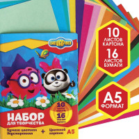 Набор  Смешарики  А5: 10л цветного одностороннего картона + 16л цветной двусторонней бумаги