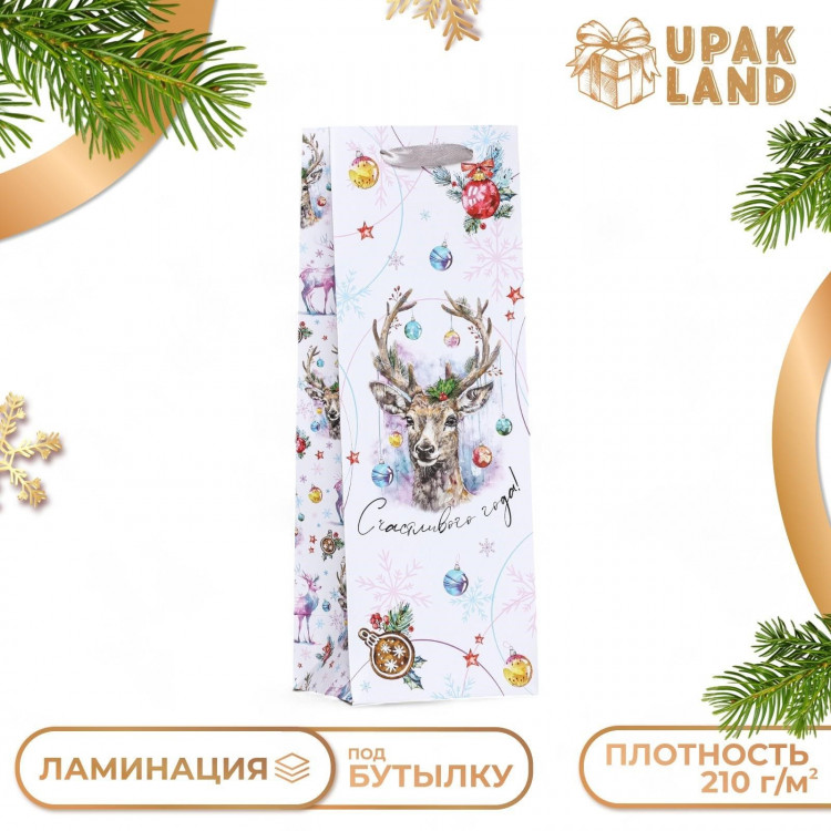 Новый год. Пакет подарочный новогодний ламинированный под бутылку  Счастливого года ,13 х 36 х 10 см. 